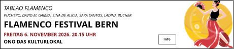 TABLAO FLAMENCO PUCHERO, DAVID EL GAMBA, SINA DE ALICIA, SARA SANTOS, LADINA BUCHER FLAMENCO FESTIVAL BERN			 FREITAG 6. NOVEMBER 2026. 20.15 UHR  ONO DAS KULTURLOKAL Info