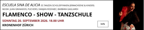 ESCUELA SINA DE ALICIA ES TANZEN SCHÜLER*INNEN (ERWACHSENE & KINDER) MUSIK: JUAN GRANADOS, PUCHERO, DAMJAN ROZANEC, BARBARA GAGLIARDI FLAMENCO - SHOW - TANZSCHULE SONNTAG 20. SEPTEMBER 2026. 18.00 UHR KRONENHOF ZÜRICH    Info